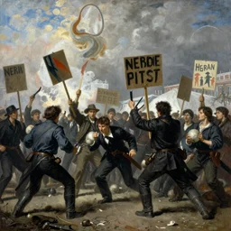protesters riot against war, in style of Karl Bryullov,