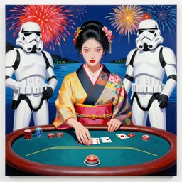 hyperrealism composition of the detailed single woman in a japanese kimono sitting at an extremely detailed poker table with stormtrooper, fireworks, river on the background, pop - art style, jacky tsai style, andy warhol style, acrylic on canvas