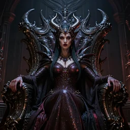 portrait of a demon queen inside her hellish throne room, detailed, realistic, studio lighting, unreal engine, cgsociety