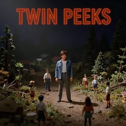 Still frame from scene from the retro Twin Peaks consisting of doll miniatures diorama, directed by Nobuhiko Obayashi