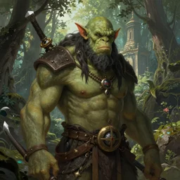 portrait of orc beast chief, forest temple in the background, illustration concept trending pixiv fanbox by wlop and greg rutkowski and caravaggio and rosa bonheur, and william harnett
