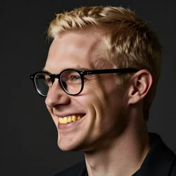 a short haired blonde man making a troll face smile, eye glasses, yellow teeth, profile