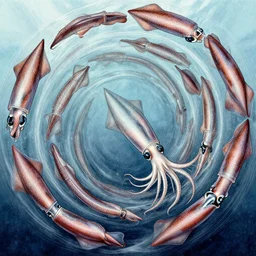 A vintage scientific illustration from the 1970s of squid swimming in an endless vortex of squid