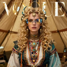 vertical photo closeup of polish female in glorious futuristic tent, blonde, curly hair, symmetrical beautiful face, cyberpunk glasses, cyberpunk decorations and jewelry, native costume, standing in the primitive tent, fashion editorial photography, hyperrealistic, from vogue magazine, reflections, refraction, gold, teal, orange