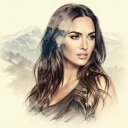 megan fox beautiful mountains, double exposure effect, medium sized tattoo sketch, amazing detail, on pinterest