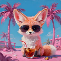 fennec fox, pink, palm trees, furry, cute, aviator sunglasses, synthwave style, artstation, detailed, award winning, dramatic lighting, miami vice, oil on canvas, cocaine, cocaine