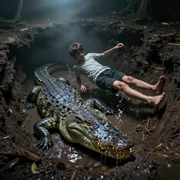 incredible screenshot a boy falling into a pit of crocodiles, glistening teeth, saliva , dark, underground, dank, wet, misty, dutch angle, dynamic camera angle, deep 3 point perspective, fish eye, dynamic scene, by phil hale, ashley wood, geoff darrow, james jean, 8k, hd, high resolution print