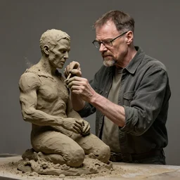 professional fantasy art of walter white who crafts a statue of jesse pinkman from clay and dust, professional art, horror art, matte painting, zdislaw beksinski, volumetric lighting, unreal engine 5, very detailed art