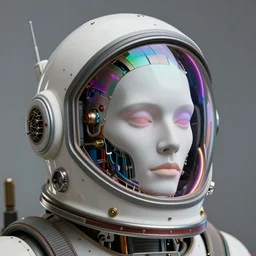 portrait of a biomechanical head inside a retro space helmet, vintage transistors, neon, tron, white metal, iridescent visor,  smooth, sharp focus, art by Greg Rutkowski and Alphonse Mucha,