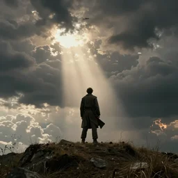 fool on a hill looking at the apocalypse, dramatic light, epic clouds, john martin, apocalyptic, end of times, biblical, cinematic, realistic, michael bay