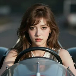 twitch streamer Pokimane as a 1960s race car driver, by Brandon Woelfel, symmetrical face, symmetrical eyes, Cinematic lighting