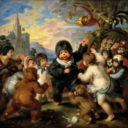 the monchhichiin a massive battle against the care bears across a metropolitan landscape, high level of detail in the style of giovanni battista tiepolo