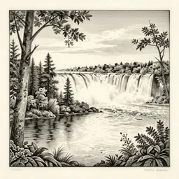 ivory etching of a lakeside forest, niagra falls in background