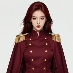 a highly detailed illustration of beautiful long dark red haired japanese woman wearing wine red epaulette uniform and coat cape, dramatic floating strings pose, intricate, elegant, highly detailed, centered, digital painting, artstation, concept art, smooth, sharp focus, league of legends concept art, wlop