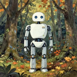 a beautiful illustration of a robot in a forest, autumn, style of yoshitaka amano and alfons mucha