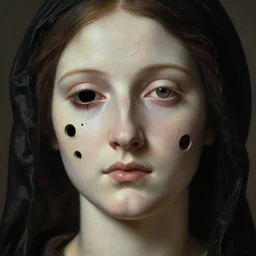 hyperrealism close - up mythological portrait of a beautiful medieval woman's shattered face partially made of black holes in style of classicism using the fibonacci golden ratio, pale skin, ivory make up on the eyes, wearing black silk robe, dark and dull palette