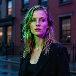 night flash portrait photography of carey mulligan with green and purple hair on the lower east side by annie leibovitz, colorful!!, nighttime!, raining!