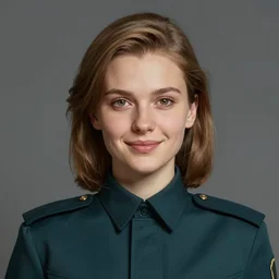portrait of young woman with light brown shoulder length hair and hazel eyes dressed in a sharp dark teal military uniform, smiling, ilya kuvshinov, svetlana tigai, greg rutkowski, loish, artgerm, digital painting, concept art