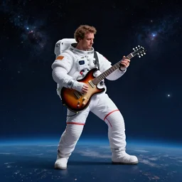 wide angle full body of man in cosmos in space suit playing electro guitar as unimaginably beautiful, gorgeous, elegant, young astronaut, anime, manga, kim jung gi, irakli nadar, bright colors, starts shining, intricate linework, white fur, unreal engine 5 highly rendered, global illumination, radiant light, detailed