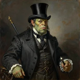 a victorian era portrait painting of a warcraft orc in a suit and top hat by Peter Mohrbacher