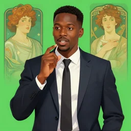 black businessman talking against a green screen backdrop, digital painting, artstation, smooth, sharp focus, illustration, art by artgerm and greg rutkowski and alphonse mucha