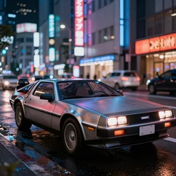 close up macro shot of a delorean car on wet tokyo street at night, intricate, hyper detailed, smooth, high contrast, neon, volumetric lighting, octane, moebius, greg rutkowski, blade runner, ridley scott, cinematic