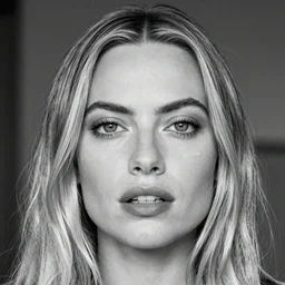 8k photo detailed Margot Robbie staring into camera with overly large eyes, 50mm shallow dof black and white