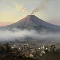 a volcano in the background with a city in the foreground, fog, smoke, painting by george henry durrie