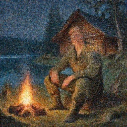 retired navy seal living off the grid next to a campfire next to a lake next to a log cabin, fantasy magic, light night, intricate, elegant, sharp focus, illustration, highly detailed, digital painting, concept art, matte, art by wlop and artgerm and ivan shishkin and andrey shishkin, masterpiece