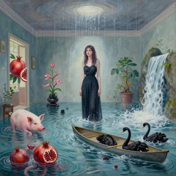 tall female emo artists in their flooded apartment, water gushing from ceiling, painting of flood waters inside an artist's home, a river flooding indoors, pomegranates, pigs, ikebana, zen, water, octopus, river, rapids, waterfall, black swans, canoe, berries, acrylic on canvas, surrealist, by magritte and monet