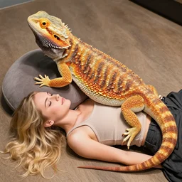 a giant bearded dragon hanging out with blonde hair women laying down using the giant bearded dragon as a pillow