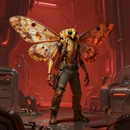 concept art by greg rutkowski, an humanoid moth, wearing cassual clothes, uncanny but somehow friendly, futuristic, brutalistic environment, scifi, detailed and intricate environment, reddish lighting, nostalgic atmosphere, high technology, highly detailed portrait, digital painting, artstation, concept art, smooth, sharp foccus ilustration, artstation hq.
