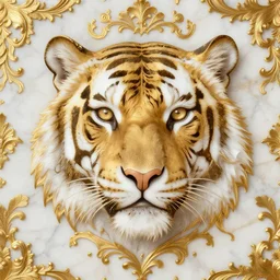 beautiful portrait of a large ornate and intricate rococo marble and gold tiger face, hyper detailed, gold plated on white marble, wallpaper pattern