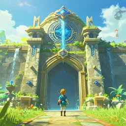 the entrance to the water temple, in the style of zelda breath of the wild.