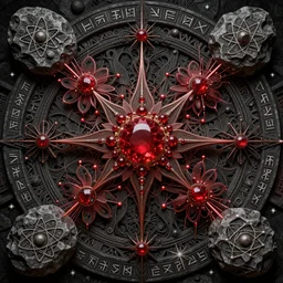 an intricate background design with deep and intricate rune stones and rubies bursting flowers linework lovecraftian by dan mumford, atomic stars, digital art, photorealistic, vivid, highly detailed, intricate