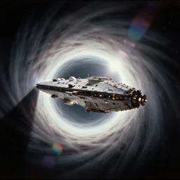 A wide photo of a gigantic industrial spaceship, getting sucked into an interstellar wormhole, 35mm film, 30mm f/8, cinematic, lens flares