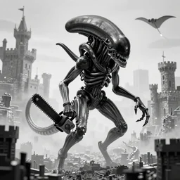 prometheus movie monster, xenomorph, highly detailed background, black and white, unkown city, haze, landscape, castle, 4 k, photograph, tentacles, chainsaw, manta ray, isometric view, fear