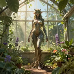 super sexy hot - like creature!!!, in greenhouse!!!, in ray of light from the window, digital art, render, blender, leaves!!!, roots!!!, flowers, herbology, matte painting, by levitan, by kinkade, by artgerm