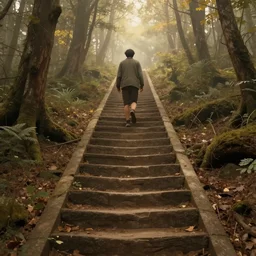 ! a person walking up a set of complex steps in the woods!, the journey of life, each stage is a step in a stairway, detailed, 4 k, octane, a detailed matte painting by huang ding, cgsociety, fantasy art, mystical, mist, warm tones, volumetric lighting, cinematic