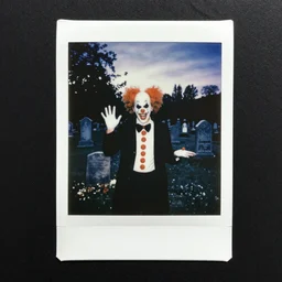 Old polaroid photo of a Clown-Vampire against cemetery