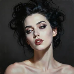 painting of a gorgeous self conscious, disparaging female villain in the style of lise deharme, hyperrealistic eyes with natural makeup, very elaborate abundant hairstyle, low contrast, silk skin, low angle