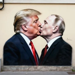donald trump deep throat kissing vladimir putin, street art by Bansky