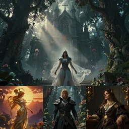 Cinematic shots of characters from the Final Fantasy and Assassin's Creed mashup, Gothic-Greek fusion architecture, mystical forest with enormous trees, god rays, bloom, volumetric fog, moody ambiance, dynamic poses, diaphanous cloth, intricate jewelry, cinematic lighting, twilight, sunset, by Alphonse Mucha, by James Gurney, by Bouguereau, by Rubens, fantasy, portfolio illustration, highly detailed, trending on Artstation, CGsociety, HQ, 8k, 35mm lens, f2.8, Bokeh,