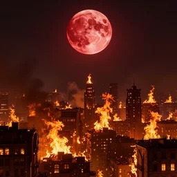 A fantasy city completely covered in fire, rising smoke, dark fantasy, nighttime, detailed crimson moon, hyper realistic, trending on artstation