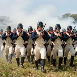 real picture of a napoleonic army charge, soldier perspective, front view, clear shinny day, white smoke, octane render, hiper realistic, very detailed