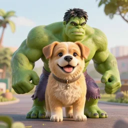 hulk dog, cute, highly intricate, ultra realistic, golden hour