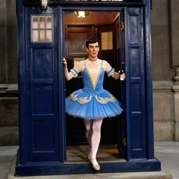spock wearing a blue tutu exiting the tardis