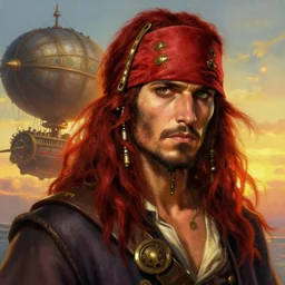 portrait painting of a handsome face rugged long hair crimson hair male pirate, top half portrait soft hair steampunk ornate zeppelin blimp airship in the background sky sunset golden hour fantasy soft hair deviantart book cover art dramatic volumetric lighting art by wlop greg rutkowski gaston bussiere