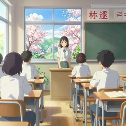 high school classroom scene spring setting, expert high detail concept art, vivid colors, sharp focus, realistic shaded lighting poster, makoto shinkai, rossdraws, loish art style, trending on art station, best selling artist
