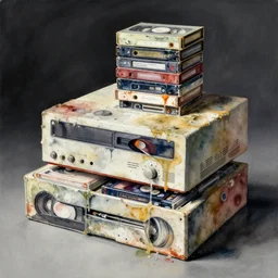 watercolor filth coated vhs player & tapes, tierded, as brutalist object kelly freas, vincent di fate, simon bisley fine art masterpiece baked at 3 0 0 f, matte painting, cinematic,